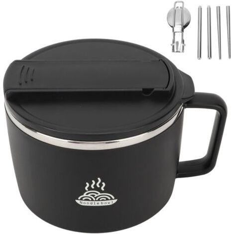 BUNTHAUS Bol de nouilles pour micro-ondes avec baguettes et spork, 1200 ml, noir, bol repas en acier inoxydable