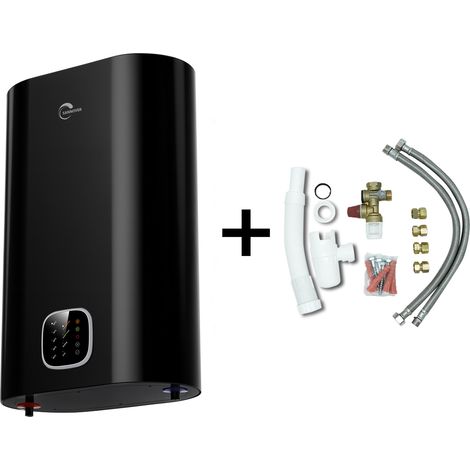 Chauffe Eau Electrique Plat Mural Multipositions Kimoro Noir 50 Litres Sannover + Kit d'Installation Complet NF