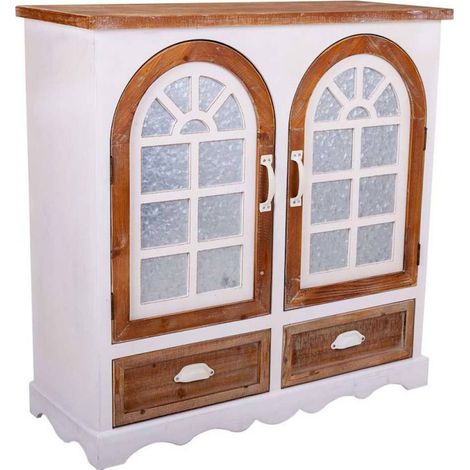 buffet bas coloré en bois et métal esprit maison de campagne - Bois naturel et blanc patiné (1/5)