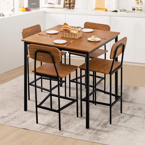 COSTWAY Esstisch mit 4 Barhockern, Küchentisch in Thekenhöhe, Metallrahmen, Essgruppe für 4 Menschen, Bartisch Set 5-teilig, Sitzgruppe Braun, für Küche, Esszimmer, Restaurant (1/5)