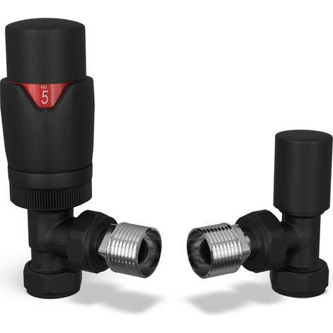 Stirling Bold - Black Thermostatic Radiator Valve & Lockshield Angled 15mm