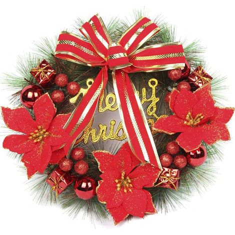 Guirlande de Noël avec Guirlande Lumineuse Led Joyeux Noël Porte d'entrée Guirlande Plantes Artificielles Fleur Mur Fenêtre Ornement Suspendu Guirlande Diamètre: 300mm-Rouge (1/5)