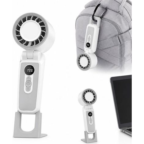 Ventilateur à main avec refroidissement, puissant ventilateur turbo rechargeable USB, affichage numérique, pliable et portable, pour extérieur et voyage, blanc (1/5)