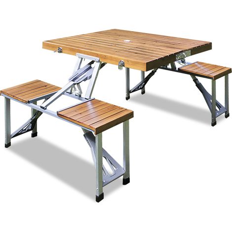 DEUBA® Ensemble pliable table et 4 assises bois et aluminium stable avec poignée de transport léger camping pique-nique