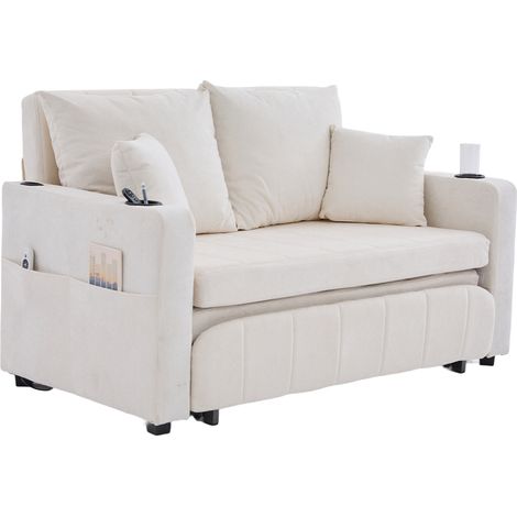 Sofá cama multifuncional de chenilla beige con bolsillos laterales, puertos USB y portavasos (1/5)