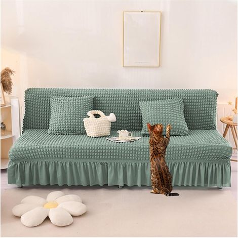 Housse futon extensible fil à bulles sans accoudoirs, lavable, vert brume, taille M (155x180 cm) (1/5)