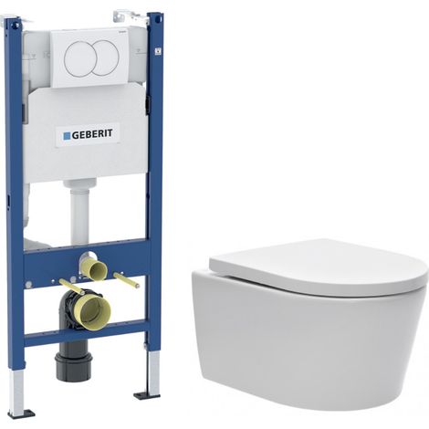 Duofix Pack WC bâti 112 cm + WC suspendu sans bride avec abattant SoftClose Swiss Aqua Technologies + plaque (GEBSTBRWR01MAN-FR)