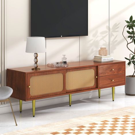 Meuble tv 160x40x60 cm noyer avec portes coulissantes effet rotin et 2 tiroirs de rangement (1/5)