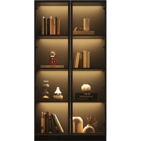 Vitrine en verre LED APP, meuble haut noir à double porte avec étagères réglables, 80 x 40 x 160 cm, pour salon, chambre et rangement décoratif- FLORAGRACE (1/5)