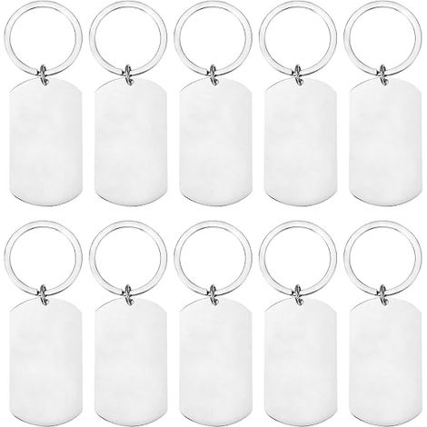 10 étiquettes vierges rectangulaires en acier inoxydable, porte-clés argentés, lot vierge, étiquette à un trou avec anneau pour loisirs créatifs, à graver (1/5)