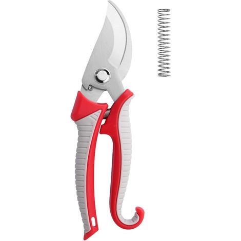 Gartenschere, rutschfeste Schere mit arretierbarem Griff, verstellbare Bypass-Schere, ergonomischer Griff, zum Schneiden von Sträuchern und Zäunen – Grau + Rot (1/5)