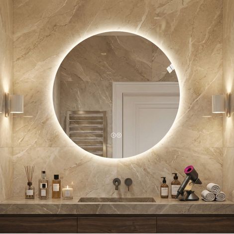 Miroir LED rond 80 cm en verre et métal argenté, anti-buée pour salle de bain FloraGrace (1/5)