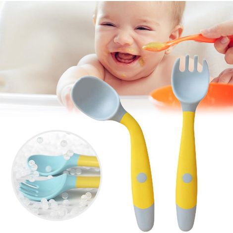 Cuillère et fourchette bébé en silicone souple, set d'apprentissage pour enfants, couverts flexibles et inclinables pour repas (1/4)