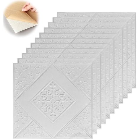 Lot de 20 Carreaux 3D en Mousse Autocollants pour Mur et Plafond - Panneaux à Décoller (35x35 cm), Blanc Imperméable, Couvre 2.4-4.8 m² pour Salon et Chambre (1/5)