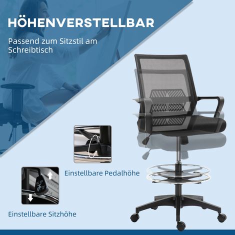 Bureau ergonomique réglable en hauteur avec repose-pieds, dossier en filet, roulettes, plastique noir (1/5)