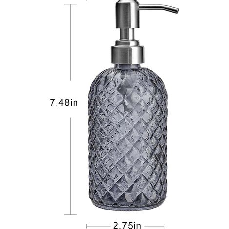 Distributeur de savon en verre gris (350 ml) avec pompe en acier inoxydable. Flacon distributeur de savon liquide rechargeable. Accessoire de salle de bain. (1/5)