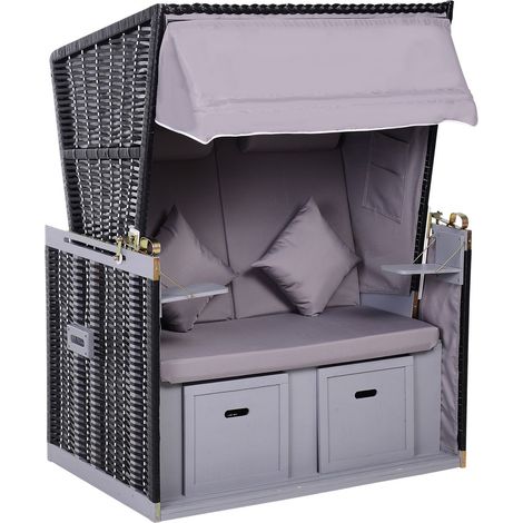 Strandkorb Volllieger Doppelte Sonnenliege Mit Dach Gartenliege Getränkehalter Chaiselounge Pe Rattan Grau 118 X 79 X 50 Cm