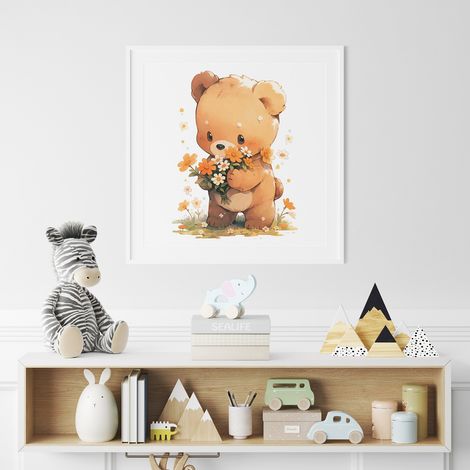 Poster / Affiche carrée Enfants - Ourson fleurs - 50x50 cm (1/3)