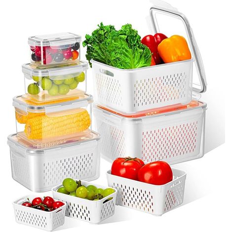 VINATO Lot de 6 Boîte Rangement Frigo, (0.38+0.8+1.7+3.15+4.15+6.2L) Boite avec Passoire pour Fruits Légumes, Adapté au micro-ondes et au lave-vaisselle, Sans BPA