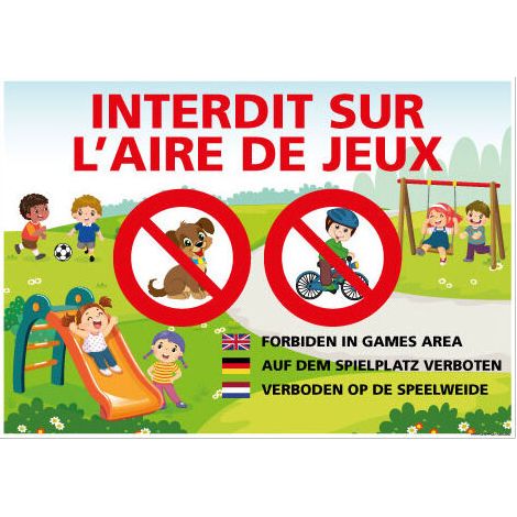 PANNEAU INTERDIT SUR L'AIRE DE JEUX - FRANCAIS ET LANGUES (H0446) - Adhésif - 105 x 75 mm