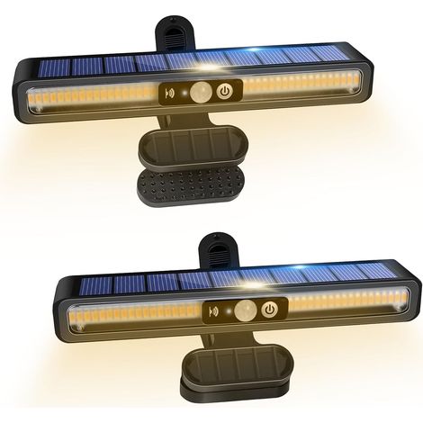 Luci solari da esterno, 2 luci solari con morsetto, applique a LED luminose con sensore di movimento, 3 modalità di illuminazione, impermeabili, per recinzione, cortile, garage, campeggio (1/5)