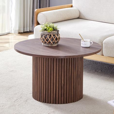 Table basse ronde 70 cm pour salon, design colonne cannelée, structure stable en MDF et métal, Walnussfarbe mit Rillendesign