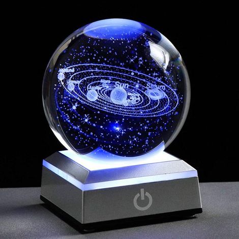 Petite boule de cristal 3D représentant le système solaire avec socle LED, veilleuse décorative, cadeau idéal pour les passionnés d'astronomie.