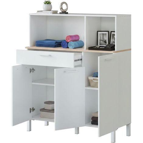 Credenza Norfolk, Mobile ausiliario da cucina, Credenza a 3 ante e 1 cassetto con ripiani, Armadio aperto, 108x40h126 cm, Bianco e Rovere
