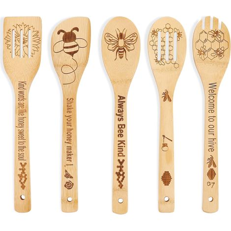 5 Pièces Usiles de Cuisine, Bambou, Motif Abeille, Antiadhésif, Spatule et Cuillère, Cadeau Noël (1/5)