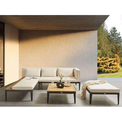 Conjunto de jardín 3 plazas de madera de acacia certificada sofá esquinero con mesa de centro y otomana cojines beige claro derecho Bracciano (1/5)