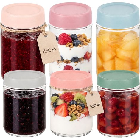 Relaxdays Einmachgläser, 6er Set, 350 & 450 ml, Twist Off Deckel, Einkochen, Einmachen, Einkochgläser, transparent/bunt
