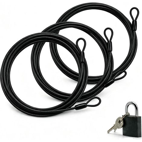 3er Set Kabelschloss 2m, 4mm Stahlseil mit Ösen, Schwarz, Ummantelt