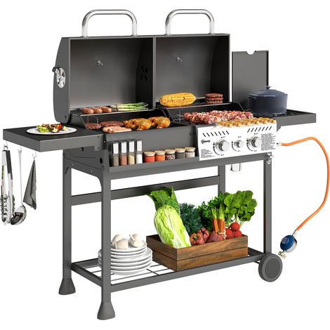 Barbecue au charbon de bois et au gaz avec 3 brûleurs et couvercle, thermomètre, roues et étagères, noir (1/5)