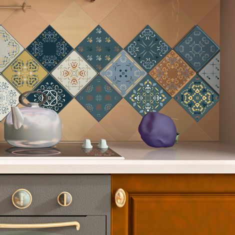 15 Stickers adhésifs carrelages Sticker Autocollant Carreaux de ciment Mosaïque carrelage mural salle de bain et cuisine Carreaux de ciment adhésif mural azulejos 15 x 15 cm 15 pièces (1/5)