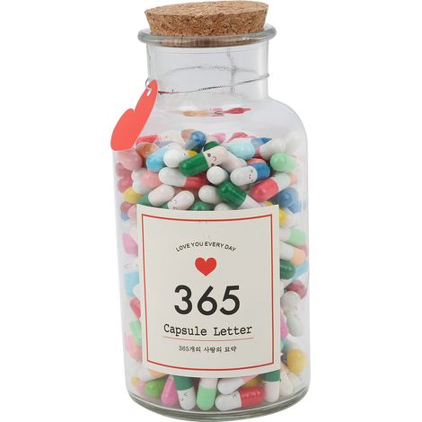 365 capsules à message - Bouteille à souhaits en verre avec lettres en capsule (style multicolore) - Forme ronde (1/5)