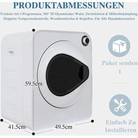Sèche-linge robuste chauffage PTC tambour acier inoxydable 4 programmes refroidissement double sécurité empilement/montage mural 3kg nominal 4kg réel.