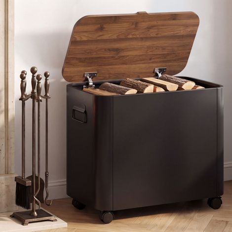 Caja para chimenea multiusos, para guardar pellets o leña, con tapa con acabado de nogal y ruedas metálicas negras (1/5)