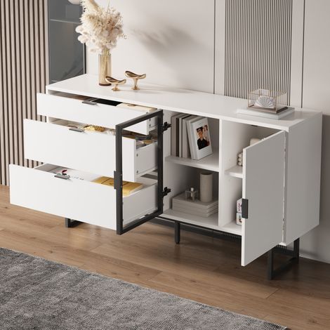 Credenza 160x36x78 cm bianco in MDF e truciolare con illuminazione LED, 3 cassetti, ante in vetro e stile moderno (1/5)