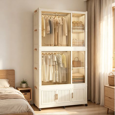 Armoire penderie pliable 92x45x196 cm en polypropylène blanc crème sur roulettes - CHICFURN (1/5)