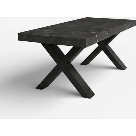 Table à manger extensible 12 places 160/260x90 pieds noirs Firenze - Effet marbre noir