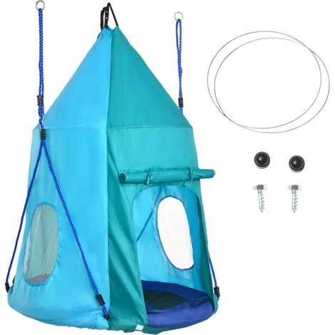 Balançoire nid d'oiseau avec tente amovible Ø 100 cm charge max. 150 Kg corde réglable en hauteur 120 à 180 cm bleu (1/4)