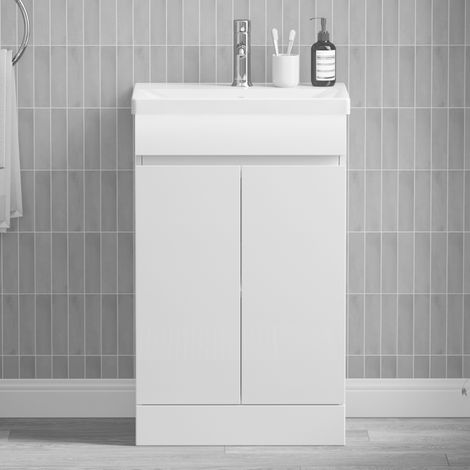 Gloss White 500mm Bathroom Vanity Unit Basin Sink Two Door Cabinet (1/4)