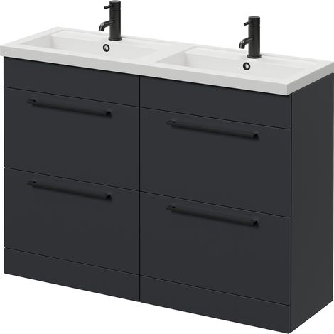 Napoli 390 Gloss Grey 1200mm 4 Drawer Vanity Unit with Double Lucia Basins - 1200mm - Matt Black 320mm Handle