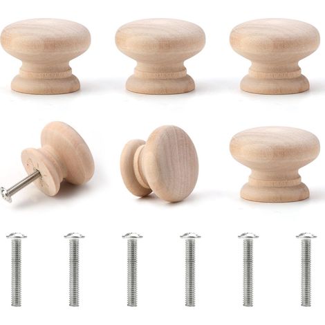 Lot de 6 boutons d'armoire en bois naturel brut avec vis 35 mm x 25 mm, boutons de tiroir ronds poignée meuble poignee de meuble pour meubles, armoire, bureau, commode, tiroir (1/5)