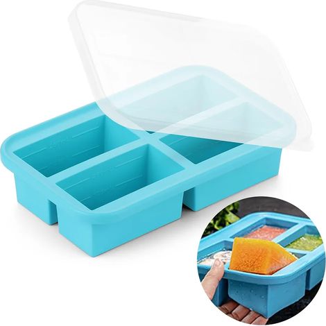 Boîtes de conservation des aliments, plateaux de congélation en silicone, récipients de congélation pour soupes, bouillons, sauces et crèmes glacées, avec couvercles, 4 compartiments, 1000 ml, bleu. (1/2)
