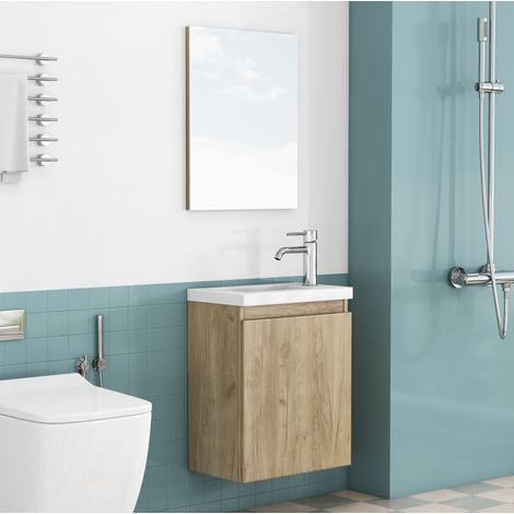 Meuble vasque mural 39,8x24,8x48 cm MDF chêne avec miroir, gain de place – MEUBLIV (1/5)