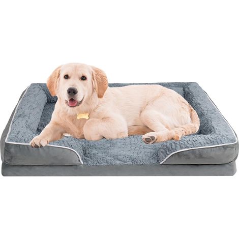 Lit orthopédique chien – mousse mémoire XL 107x76 cm – coussin moelleux avec rebord – housse lavable antidérapant – pour grand chien – Gris (1/5)