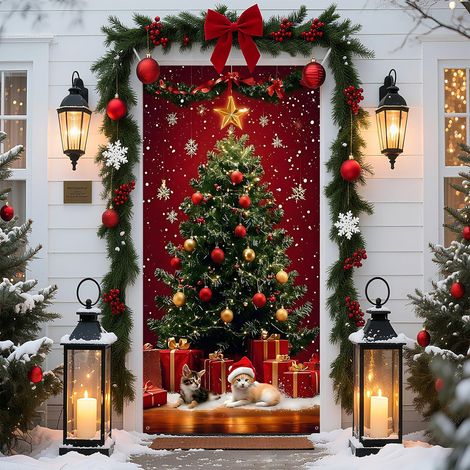 Décorations de Noël 2026 - Bannières, nœuds, décorations de Noël, rideaux de porte - 90 x 180 cm (œillets + ruban) - QL-22