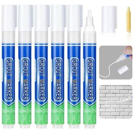 Pair Stylo Joint Carrelage Blanc, 6PCS Stylo de Carrelage à Coulis, Imperméable Marqueur Joints, Rénovateur de Coulis Blanc pour Salle de Bain, Cuisine, Carrelage, Sol (1/5)