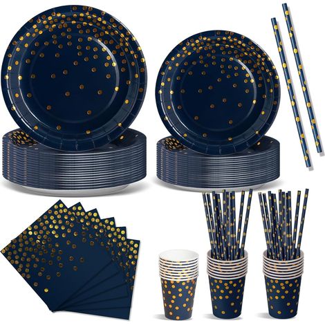 Vaisselle Jetable Anniversaire - 120 Pièces - Carton Épais - Bleu Marine Et Or - Pour 24 Invités - Fête Et Célébration (1/5)